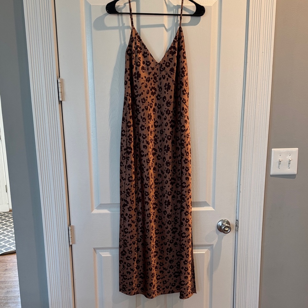 Leopard satin slip dress with side slit